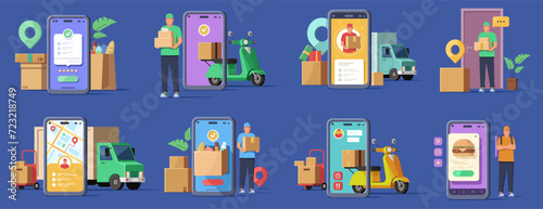 Delivery with people characters. Online order and couriers delivery at home, logistics with scooters and truck