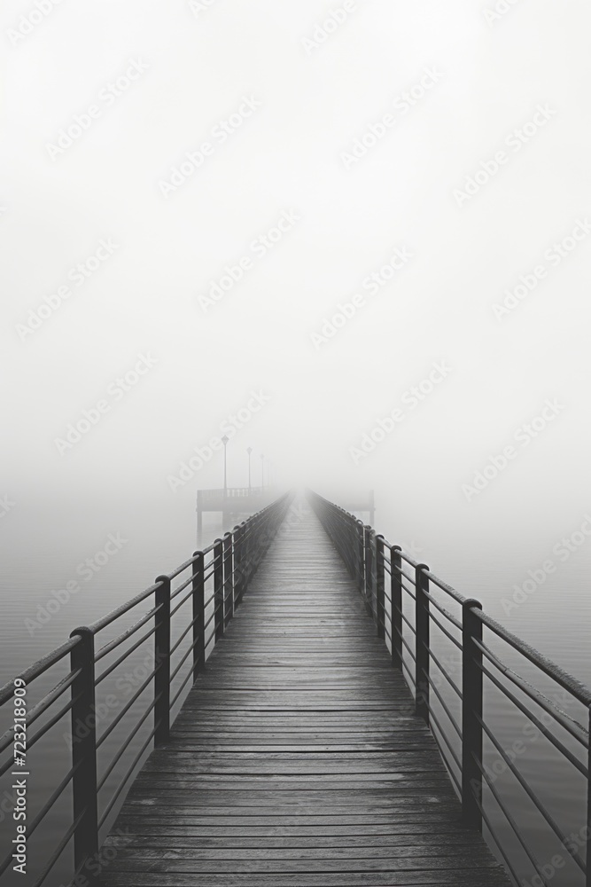 A black and white photo of a pier covered in fog. Perfect for capturing the mysterious and serene ambiance of coastal landscapes A black and white photo of a pier covered in fog. Perfect for capturing the mysterious and serene ambiance of coastal landscapes
