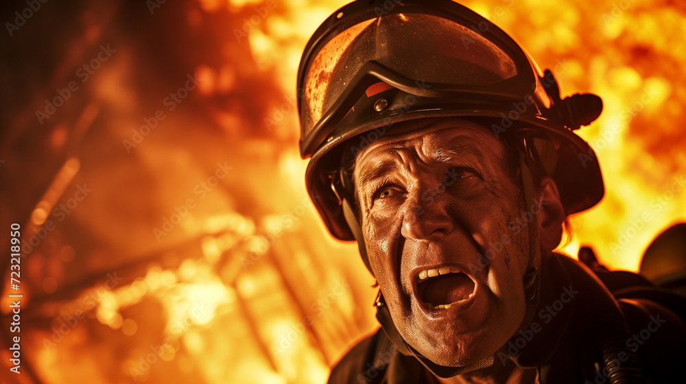 A photo capturing a fireman in mid-scream, his face a mix of anger and despair, with a raging blaze, black smoke, and white foam in the background. Showcasing the desperate struggle against the fire. A photo capturing a fireman in mid-scream, his face a mix of anger and despair, with a raging blaze, black smoke, and white foam in the background. Showcasing the desperate struggle against the fire.