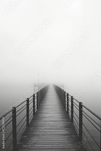 A black and white photo of a pier covered in fog. Perfect for capturing the mysterious and serene ambiance of coastal landscapes