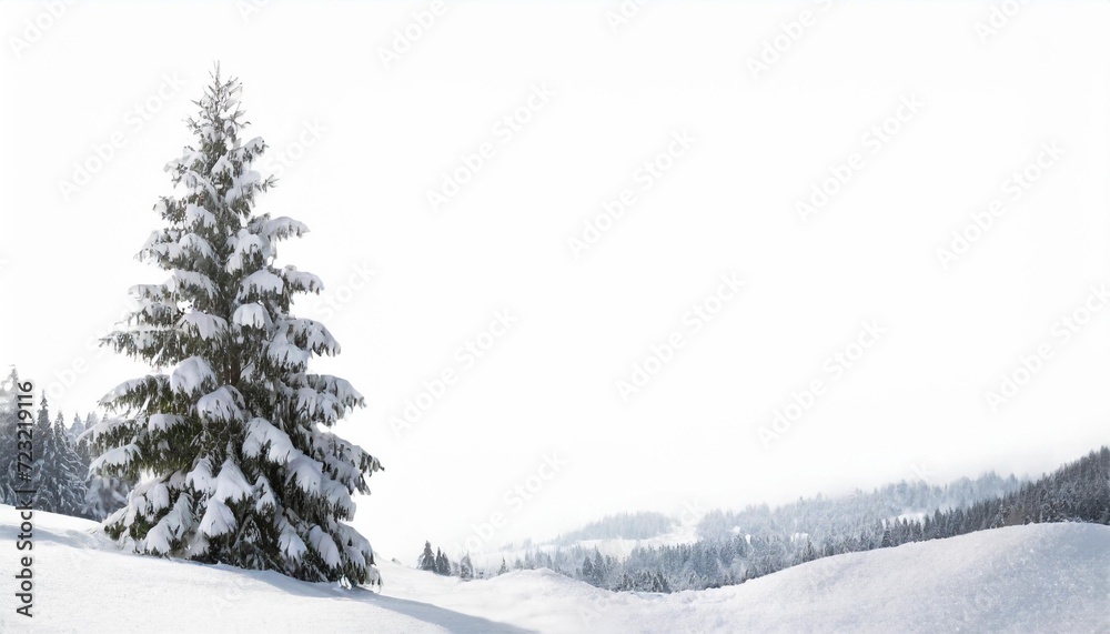 fir tree covered snow on white background with space for text