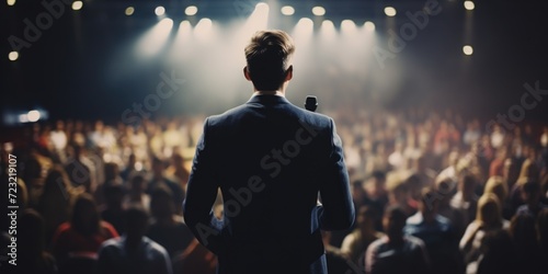 A professional man wearing a suit stands confidently in front of a large crowd. This image can be used to depict leadership, public speaking, or corporate events photo