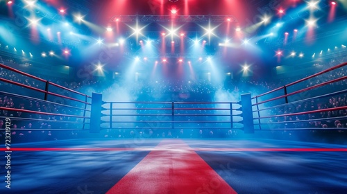 Empty professional boxing ring in arena, spacious venue for boxing matches and events photo