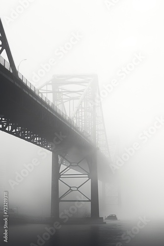 A bridge covered in fog on a misty day. Suitable for atmospheric and mysterious themes