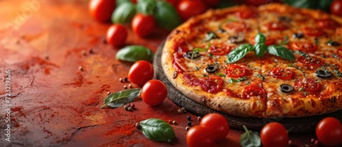 Freshly Baked Pizza with Basil Leaves and Tomatoes  A Delicious Pizza Topped with Basil  Tomatoes  and Olives  Homemade Pizza with a Flavorful Combination of Basil  Tomatoes  and Olives  An 