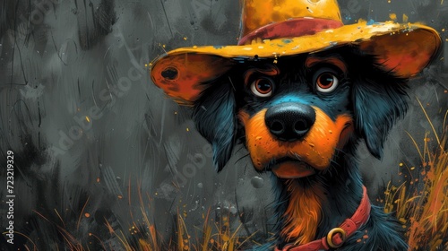Doggy Dressed Up, A Painted Dog in a Hat, The Art of the Canine Fashion, Portrait of a Blue and Orange Dog with a Yellow Hat. photo