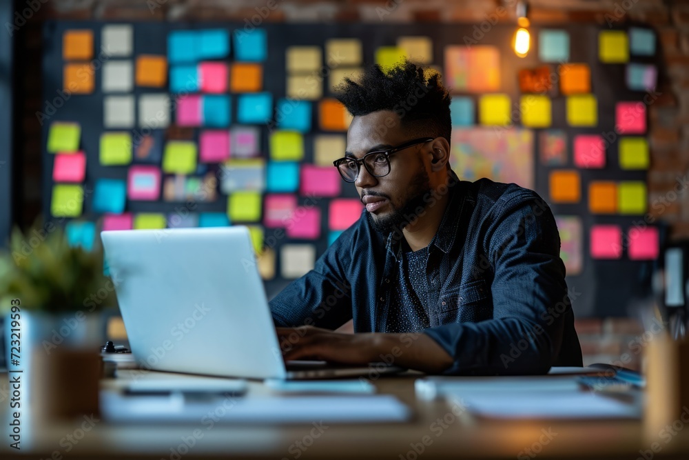 Black man working on his laptop, with a panel of posits behind him Black man working on his laptop, with a panel of posits behind him