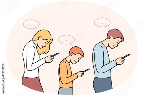 Family with child walk using cellphone. Parents and kid addicted to smartphones. Technology and gadgets addiction. Vector illustration.