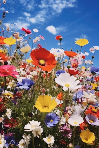 A beautiful field of colorful flowers with a clear blue sky in the background. Perfect for springtime and nature-themed designs