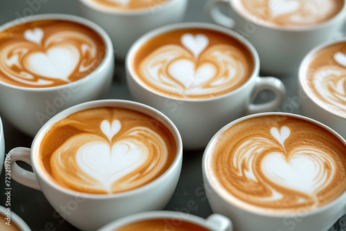 coffee cups with heart lattes on them in photo