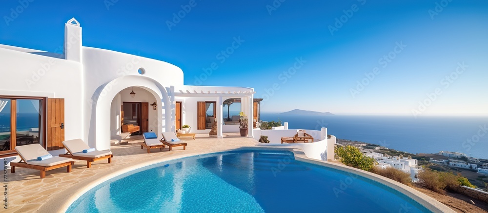 white luxury villa and swimming pool with a view as a backdrop