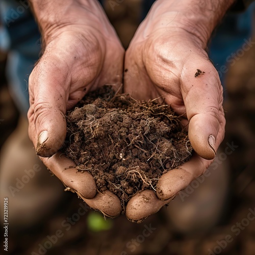 Close-up view, two hands hold the rich red soil, embodying the tangible connection between humanity and the earth beneath. AI generated illustration
