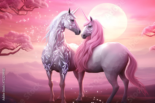 fantasy horse in the field at sunset  pink valentines day background