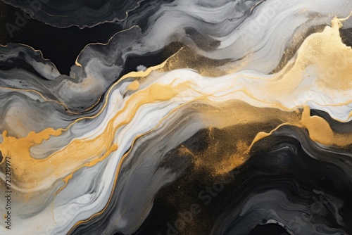 A close up view of a black and gold painting. Can be used as an abstract background or for artistic inspiration © Fotograf