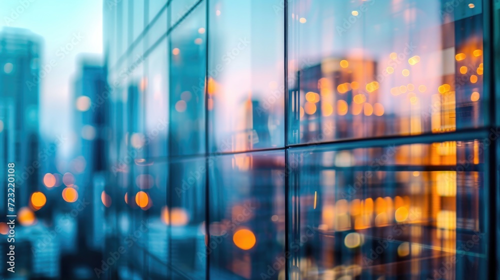 Blurred lights create a bokeh effect on the facade of modern skyscrapers in a cityscape. Blurred lights create a bokeh effect on the facade of modern skyscrapers in a cityscape.