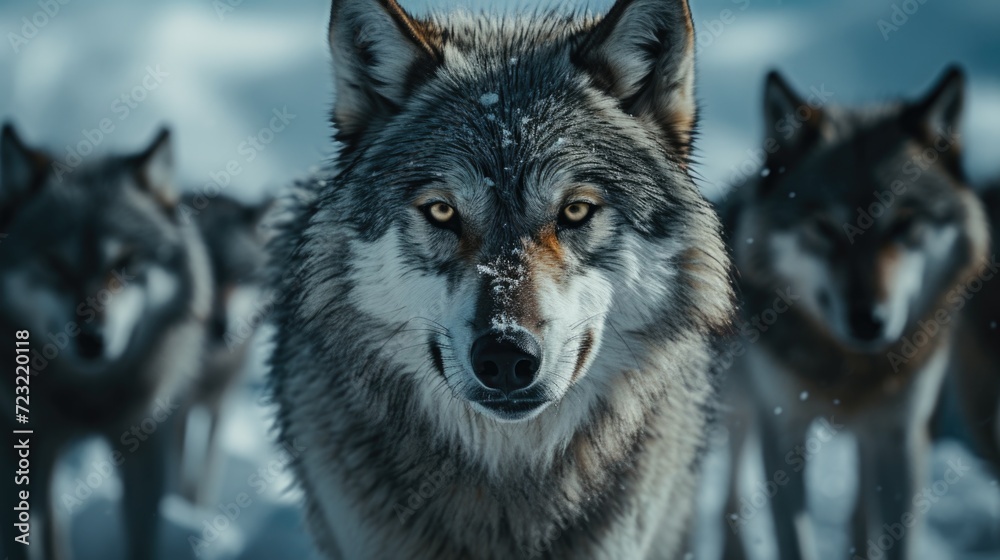 A group of wolves walking together in the snow. Suitable for wildlife and nature themes A group of wolves walking together in the snow. Suitable for wildlife and nature themes