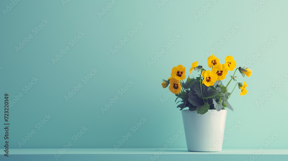 A beautiful tiny yellow pansy in a white ceramic pot on a sky blue background. Copy space.