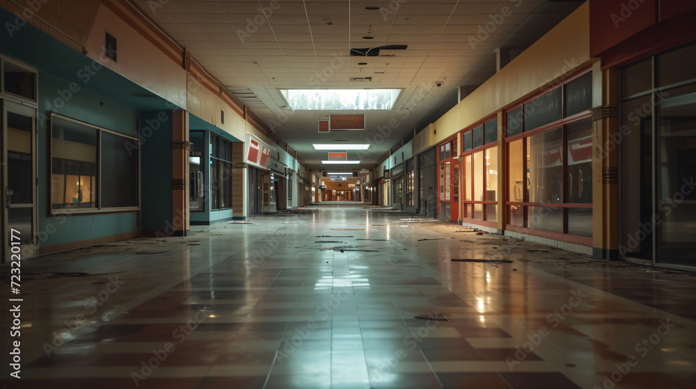 An abandoned mall corridor with closed shops and no visitors.