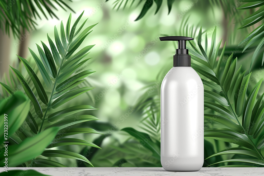 White pump bottle surrounded by palm leaves. Body care packaging product for mock up. White pump bottle surrounded by palm leaves. Body care packaging product for mock up.