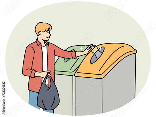 Man sorting garbage. Guy stand near bins sort trash and plastic in containers. Recycling and environment conservation. Vector illustration.