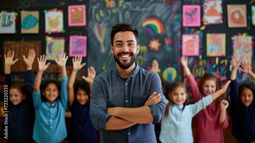 Happy male teacher with arms crossed stands in front of a classroom of cheerful children with their hands raised.