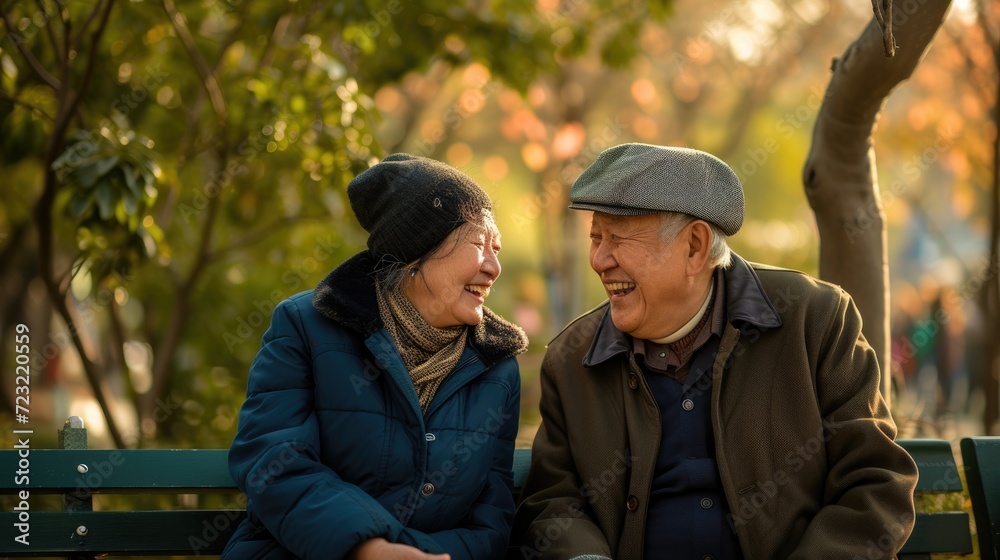 Elderly Asian couple shares a fun time laughing together on a park bench surrounded by autumn leaves. Elderly Asian couple shares a fun time laughing together on a park bench surrounded by autumn leaves.