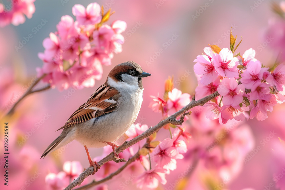 A Little Wild Bird Perched on a Branch of a Cherry Tree in Full Bloom. A Delicate Scene Capturing the Essence of Springtime Beauty. A Little Wild Bird Perched on a Branch of a Cherry Tree in Full Bloom. A Delicate Scene Capturing the Essence of Springtime Beauty.