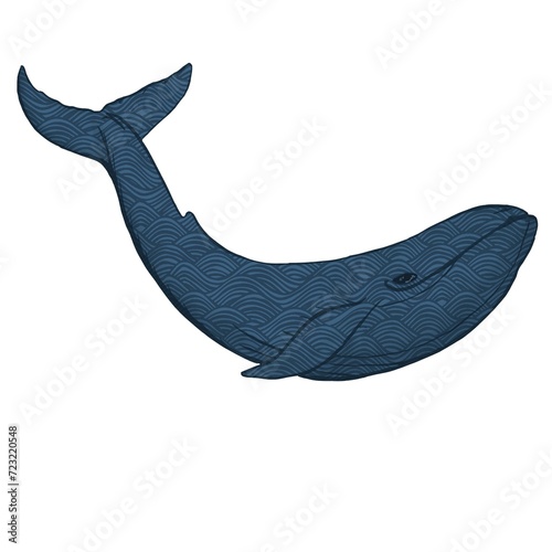 illustration of a blue whale with a pattern of sea waves on its body