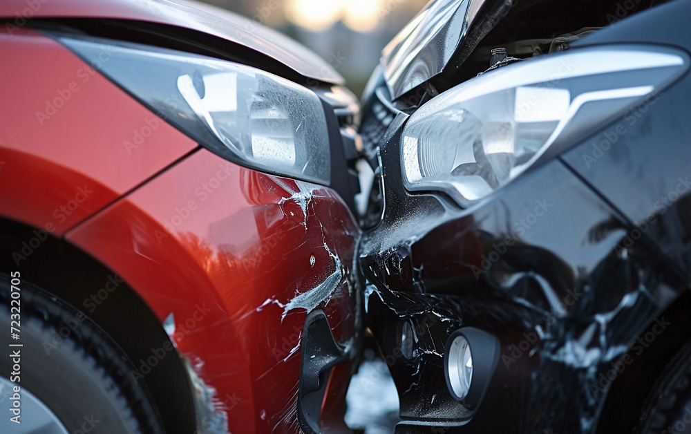 Close-up Head-on Collision Two Cars Emergency Total Accident Call Insurance