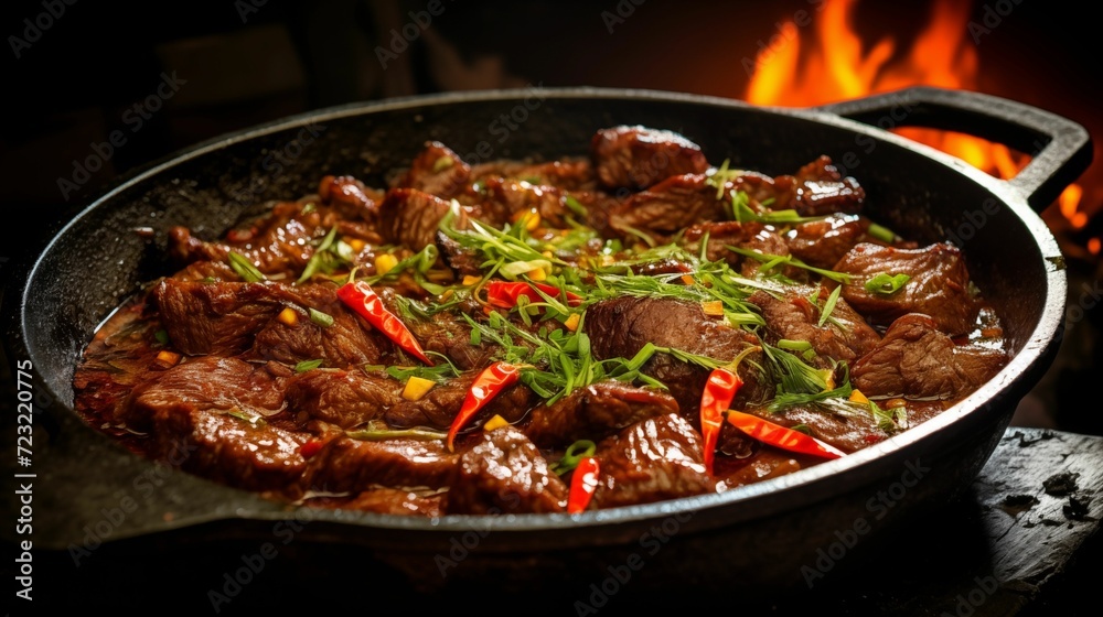 Close-up of sizzling, spicy stewed beef in a hot pan.