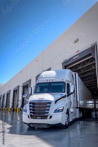 The truck is parked on the loading dock of an industrial warehouse, where many trucks with semi-trailers load goods