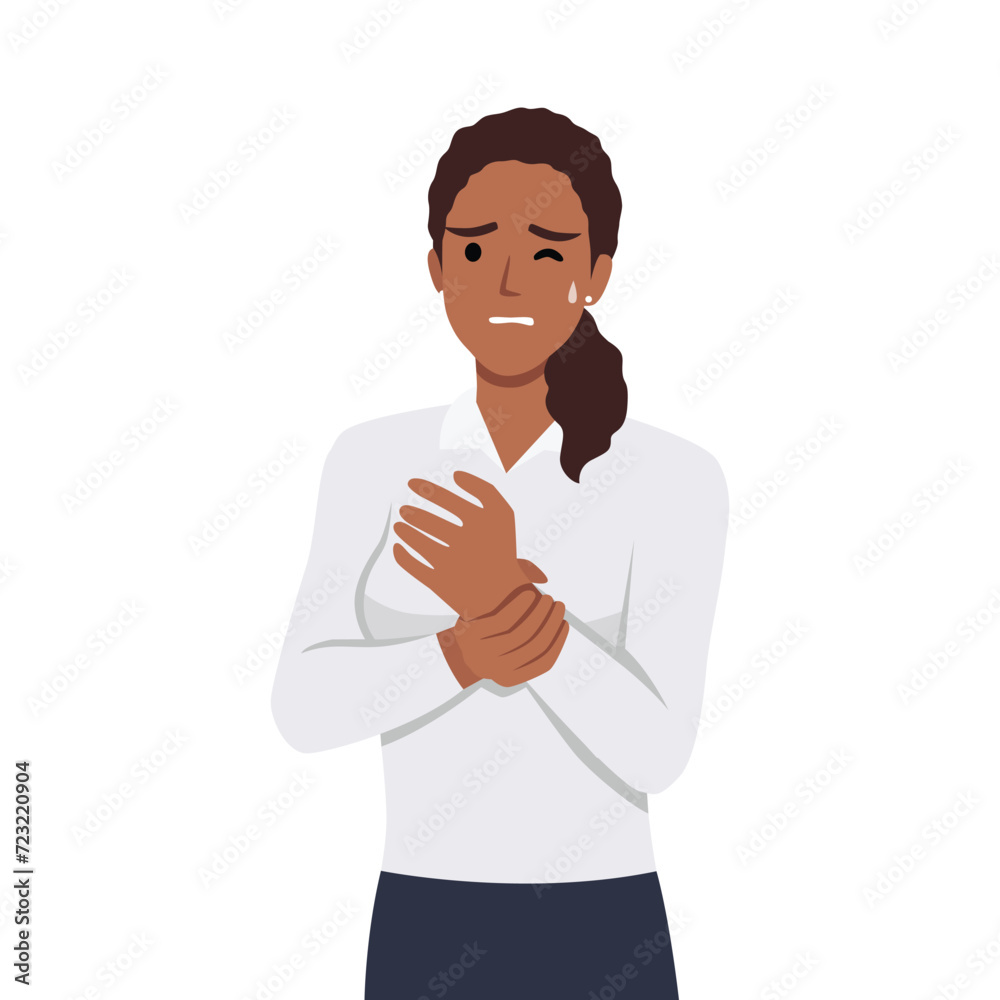 Tormented suffering from woman hurting holding painful wrist. Flat vector illustration isolated on white background Tormented suffering from woman hurting holding painful wrist. Flat vector illustration isolated on white background