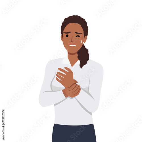 Tormented suffering from woman hurting holding painful wrist. Flat vector illustration isolated on white background