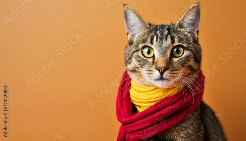 a cute cat dressed in red yellow scarf on orange background