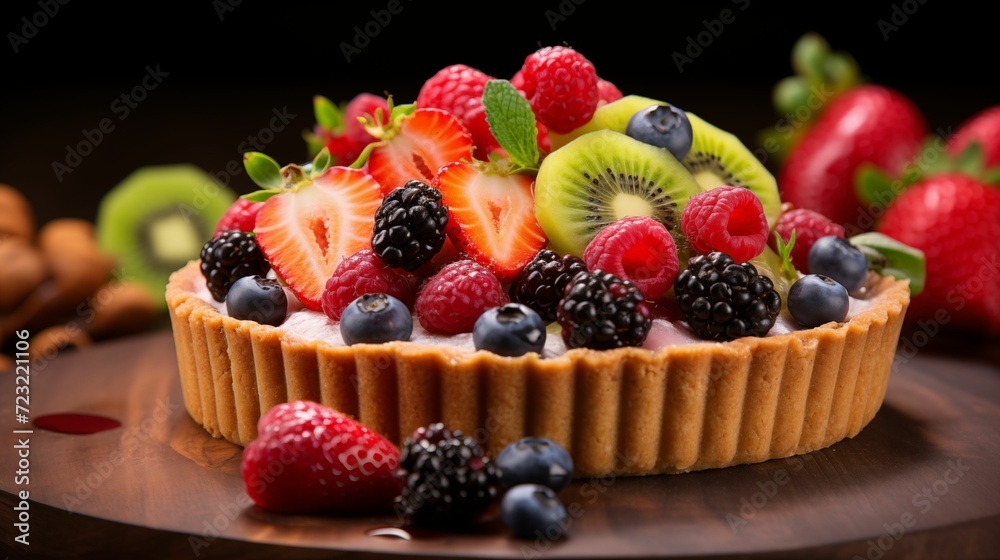 Fruit tart adorned with a colorful assortment of fresh fruits.