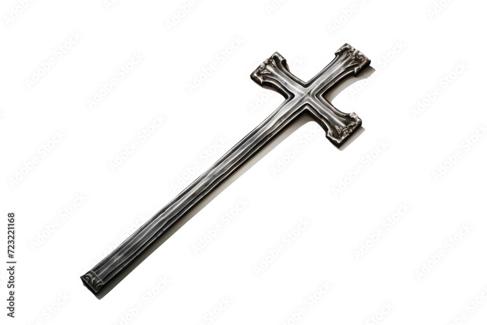 A metal cross placed on a white background. Can be used for religious or spiritual themes