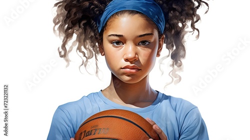 A dark-skinned girl basketball player with curly hair and a basketball sword in hands looks at the camera © ProPhotos