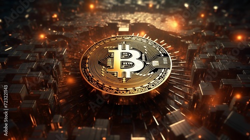 Futuristic Bitcoin symbol among a complex network of digital connections.