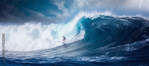 Surfer riding massive blue wave in ocean, extreme sports and active lifestyle concept