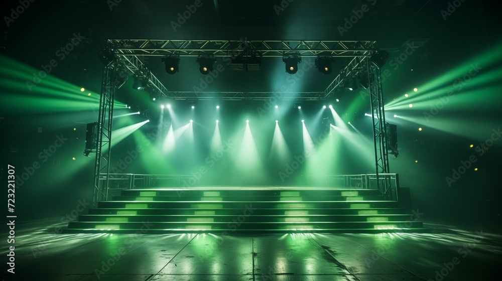 Green stage lights illuminating an empty platform.