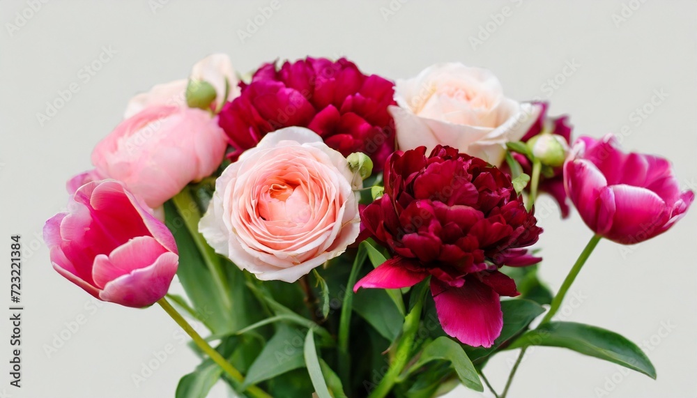 pink roses tulips and maroon peony isolated on a transparent background png file floral arrangement bouquet of garden flowers can be used for invitations greeting wedding card