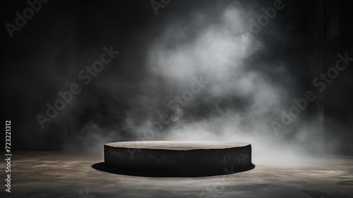 Gray textured concrete platform or podium enveloped in smoke in the dark.