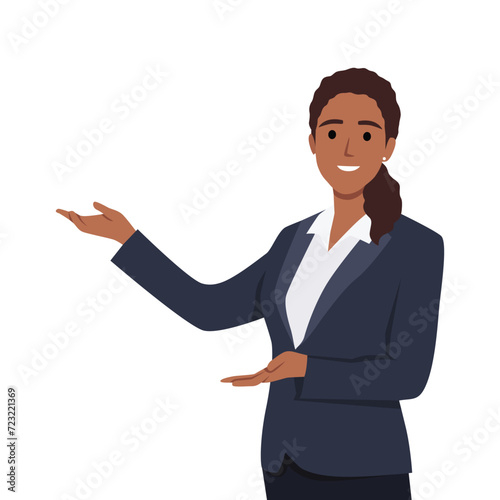 Young Beautiful Business Woman Executive doing a presentation. Flat vector illustration isolated on white background