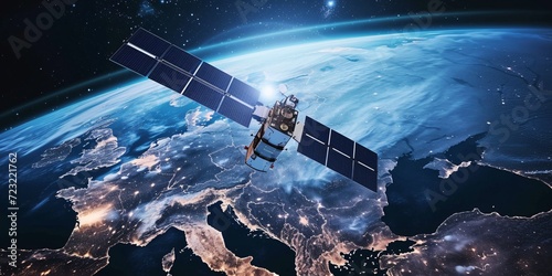 Global communication satellite providing high-speed data network above Europe, orbiting in low Earth orbit. Cutting-edge technology for global communication. photo