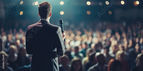 A man standing in front of a crowd, holding a microphone. Suitable for events, public speaking, and presentations