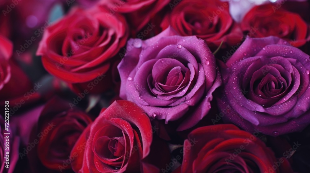 Obraz premium A close-up view of a bunch of vibrant red roses. Perfect for expressing love, romance, or celebrating special occasions. Ideal for use in greeting cards, advertisements, or as a beautiful decoration