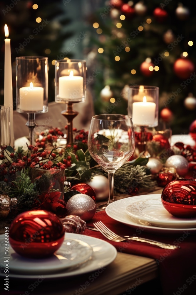 A festive Christmas table adorned with candles and ornaments. Perfect for holiday decorations and celebrations