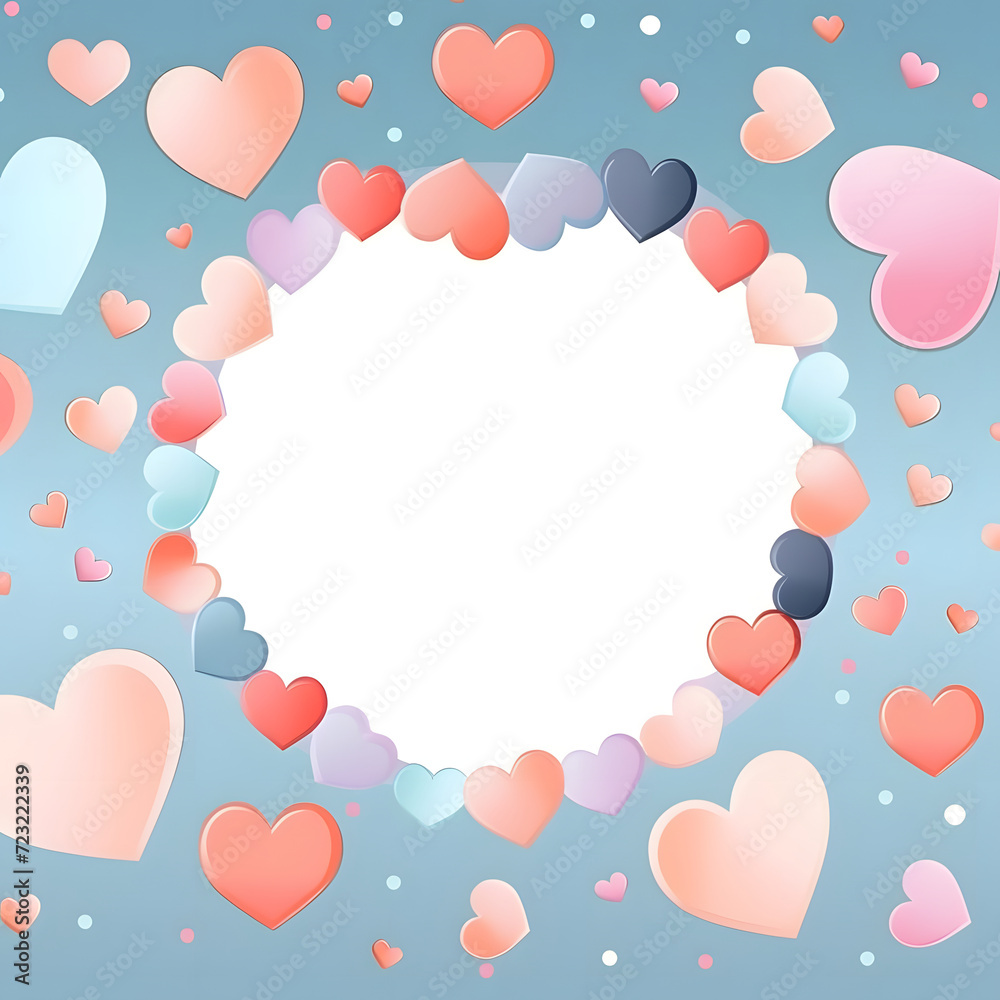 Concept romantic celebration of Valentine day, with pastel blue background with colorful  hearts for weeding day, engagement, and invitation card.