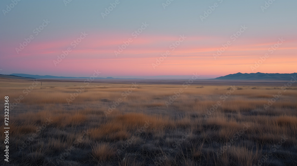 Serene sunset over golden prairie with distant hills Serene sunset over golden prairie with distant hills