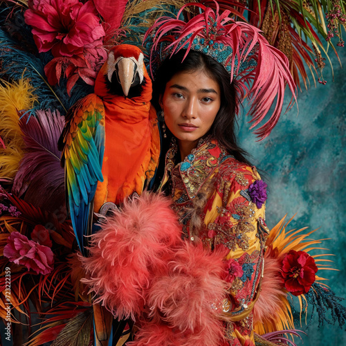 Exotic Bird Trainer with a Parrot in a Tropical Environment. Suitable for wildlife, exotic pets, and bird training themes © Breezze